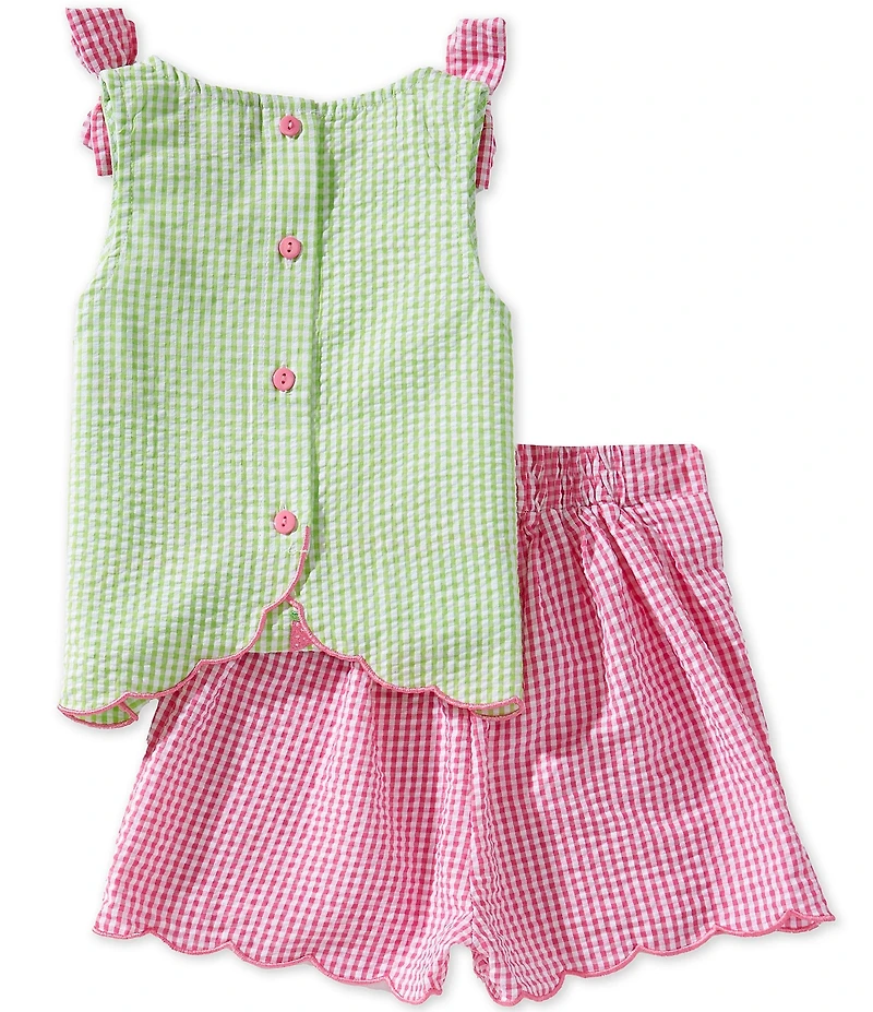 Rare Editions Little Girls Sleeveless Scallop Hem Watermelon Embroidered Seersucker Top & Shorts Set