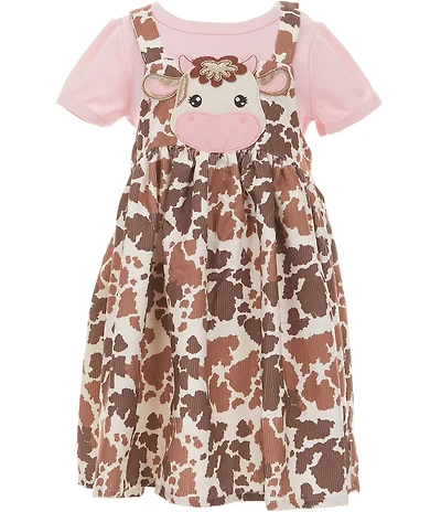 Rare Editions Little Girls Sleeveless Cow Print Corduroy Applique Jumper & Short Sleeve Solid T-Shirt