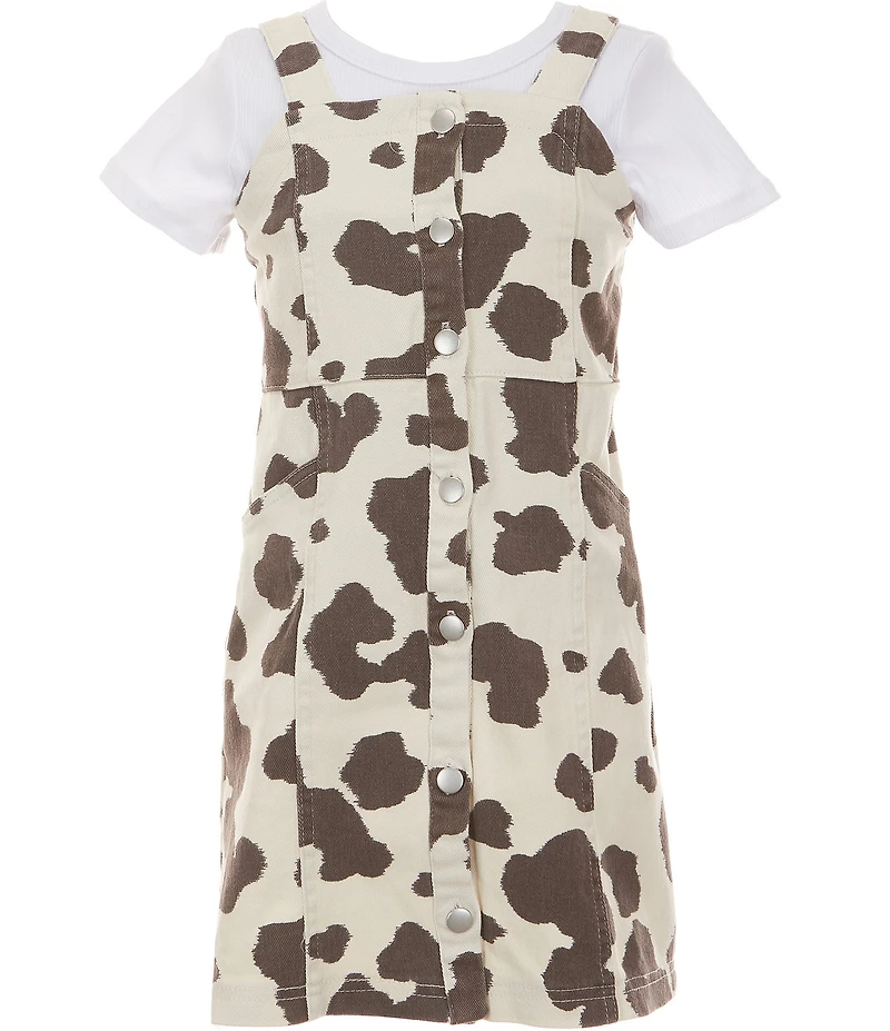 Rare Editions Little Girls Sleeveless Cow-Printed Twill Jumper Dress & Short-Sleeve Solid T-Shirt Set
