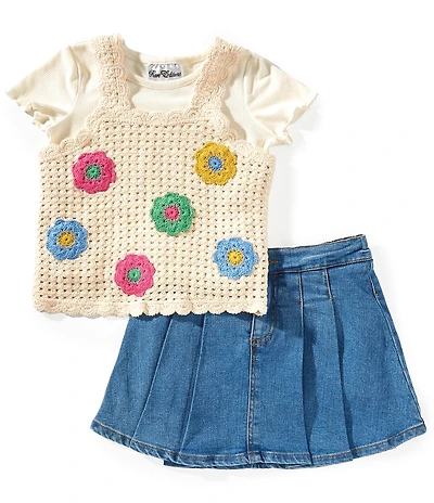 Rare Editions Little Girls Sleeveless Crocheted Tank Top, Short-Sleeve T-Shirt & Denim Skort Set