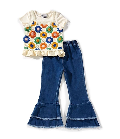Rare Editions Little Girls Sleeveless Crocheted Vest, Short-Sleeve Knit T-Shirt & Denim Ruffle-Leg Jeans Set