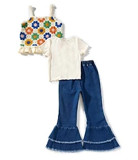 Rare Editions Little Girls Sleeveless Crocheted Vest, Short-Sleeve Knit T-Shirt & Denim Ruffle-Leg Jeans Set