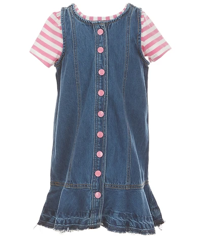 Rare Editions Little Girls Sleeveless Denim Jumper Dress & Short-Sleeve Striped T-Shirt Set