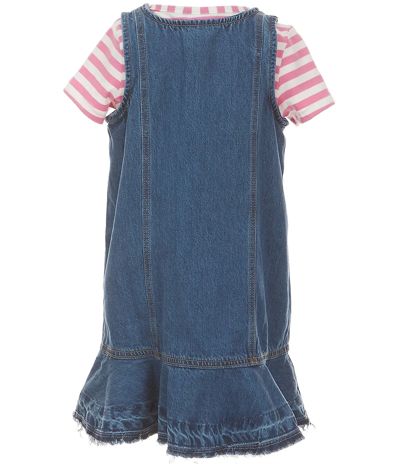 Rare Editions Little Girls Sleeveless Denim Jumper Dress & Short-Sleeve Striped T-Shirt Set