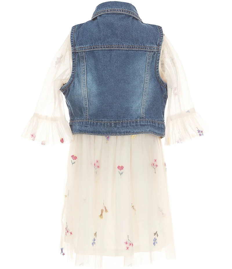 Rare Editions Little Girls Sleeveless Denim Vest & Short-Sleeve Floral-Embroidered Mesh Fit-And-Flare Dress Set