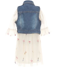 Rare Editions Little Girls Sleeveless Denim Vest & Short-Sleeve Floral-Embroidered Mesh Fit-And-Flare Dress Set