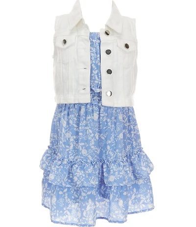 Rare Editions Little Girls Sleeveless Denim Vest & Sleeveless Floral Printed Fit-And-Flare Dress
