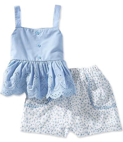 Rare Editions Little Girls Sleeveless Eyelet Embroidered Ruffle Tank Top & Floral Printed Shorts Set