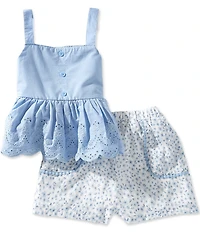 Rare Editions Little Girls Sleeveless Eyelet Embroidered Ruffle Tank Top & Floral Printed Shorts Set