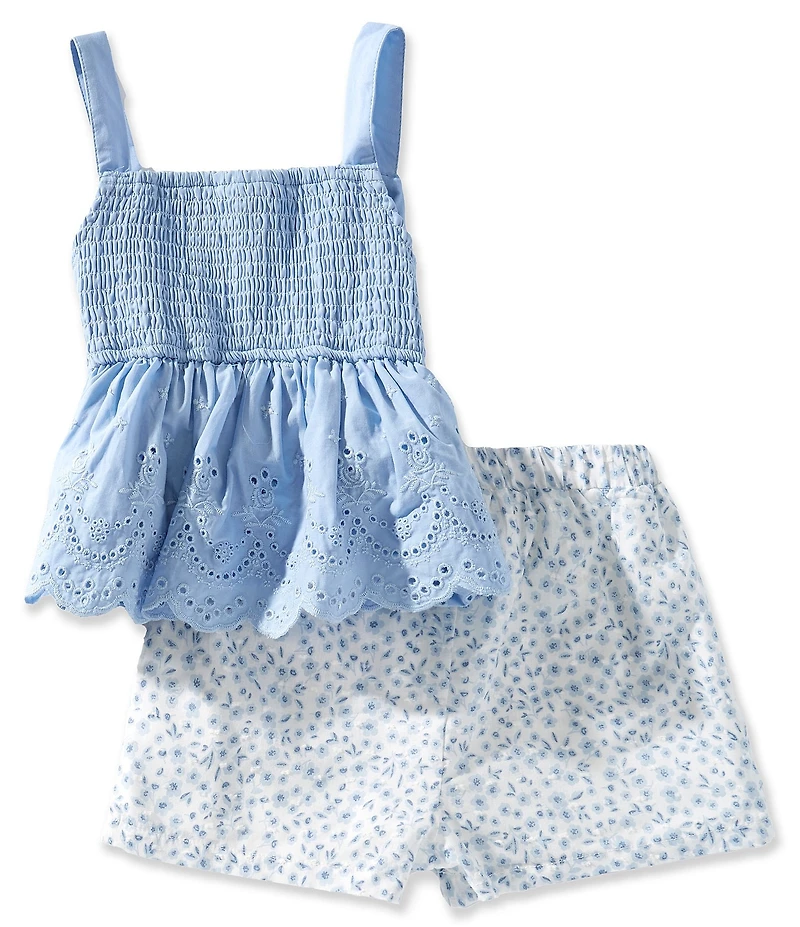 Rare Editions Little Girls Sleeveless Eyelet Embroidered Ruffle Tank Top & Floral Printed Shorts Set