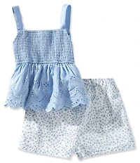 Rare Editions Little Girls Sleeveless Eyelet Embroidered Ruffle Tank Top & Floral Printed Shorts Set