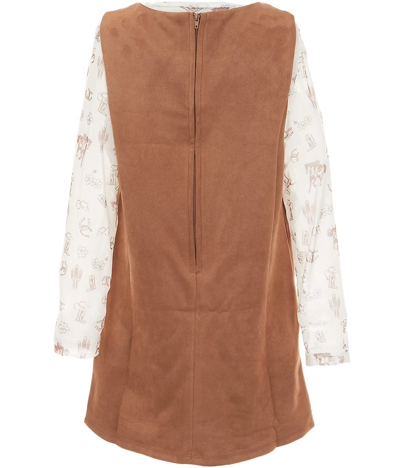 Rare Editions Little Girls Sleeveless Faux Suede Western Inspired Dress & Long Sleeve Printed Top Set