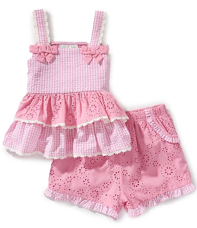 Rare Editions Little Girls Sleeveless Gingham Eyelet-Embroidered Tank Top & Eyelet-Embroidered Gingham Shorts Set