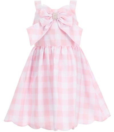 Rare Editions Little Girls Sleeveless Gingham-Printed Bow Accent with Pearls Fit-And-Flare Scallop Hem Dress