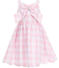 Rare Editions Little Girls Sleeveless Gingham-Printed Bow Accent with Pearls Fit-And-Flare Scallop Hem Dress