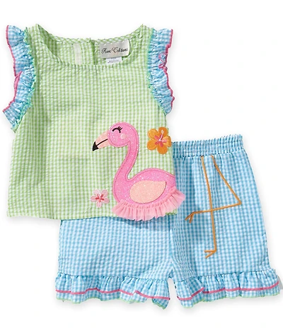 Rare Editions Little Girls Sleeveless Gingham-Printed Flamingo-Applique Seersucker Top & Coordinating Shorts Set