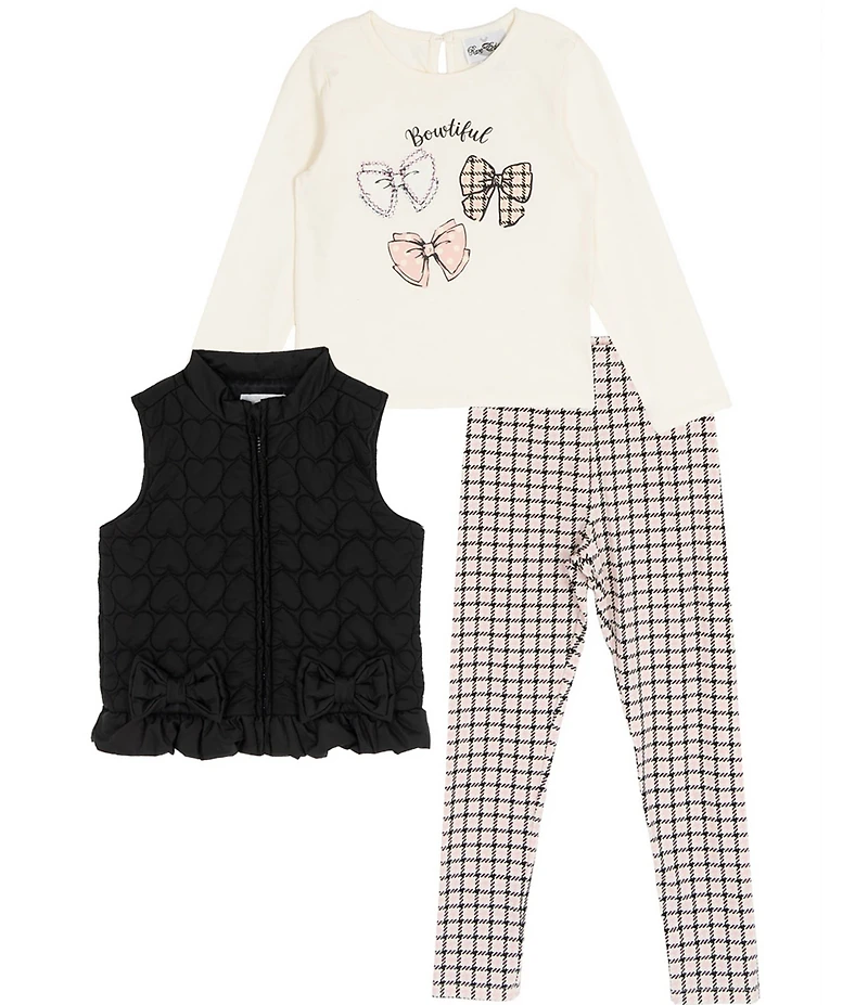 Rare Editions Little Girls Sleeveless Heart-Appliqued Puffer Vest, Long-Sleeve Bow-Motif T-Shirt & Plaid Leggings Set