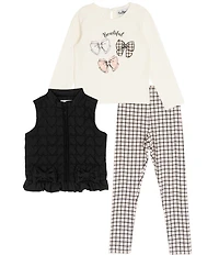 Rare Editions Little Girls Sleeveless Heart-Appliqued Puffer Vest, Long-Sleeve Bow-Motif T-Shirt & Plaid Leggings Set