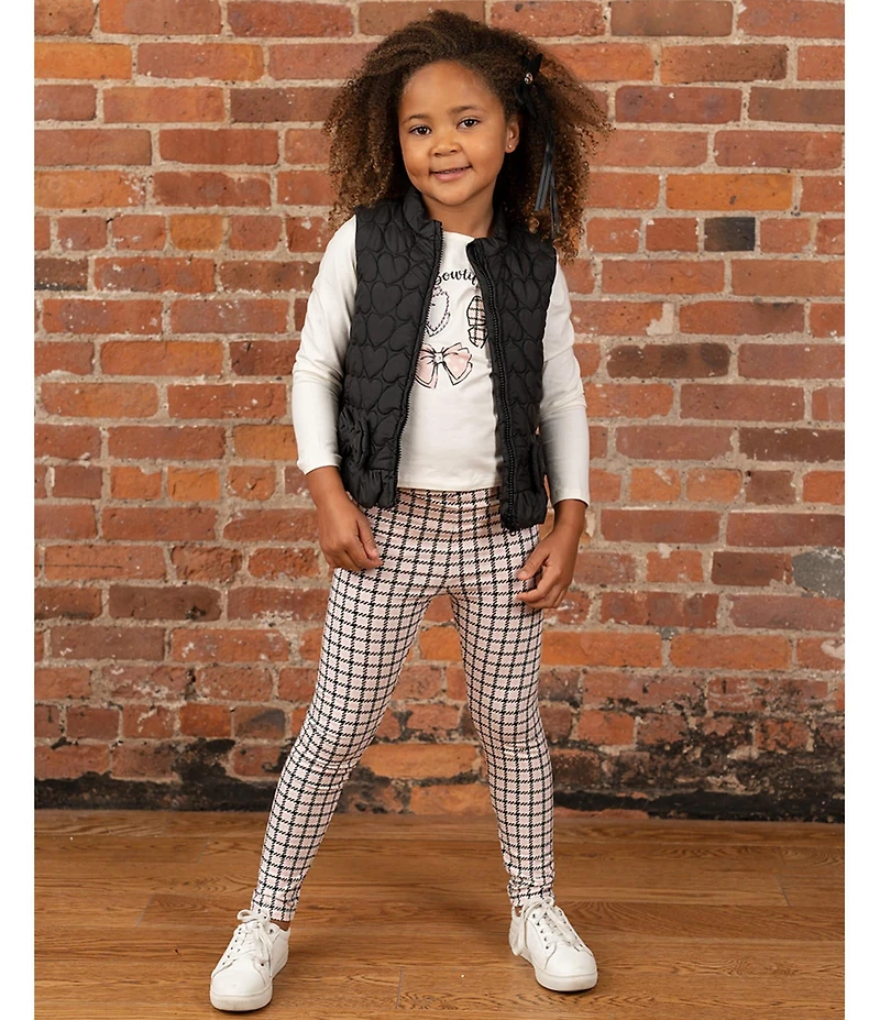 Rare Editions Little Girls Sleeveless Heart-Appliqued Puffer Vest, Long-Sleeve Bow-Motif T-Shirt & Plaid Leggings Set