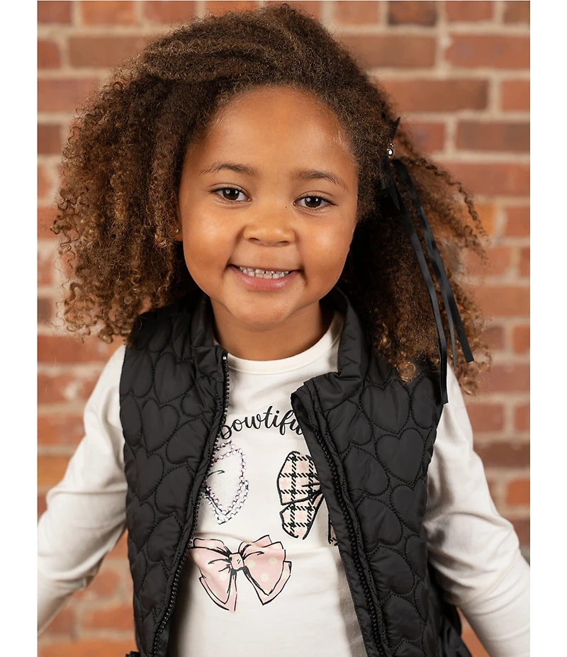 Rare Editions Little Girls Sleeveless Heart-Appliqued Puffer Vest, Long-Sleeve Bow-Motif T-Shirt & Plaid Leggings Set