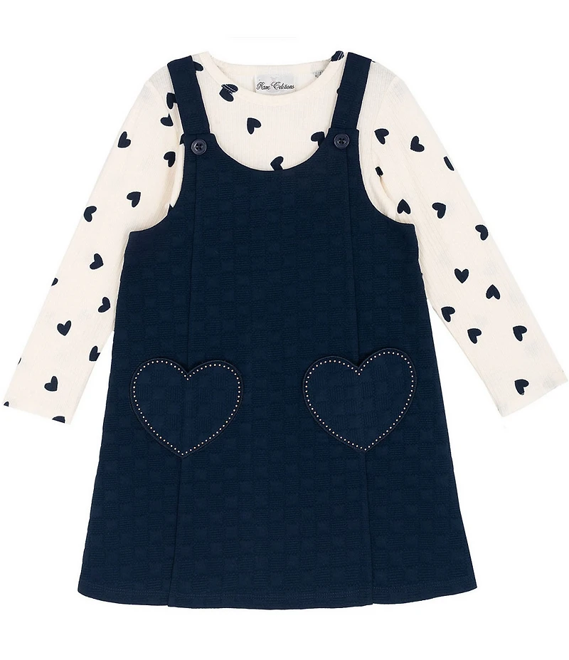 Rare Editions Little Girls Sleeveless Heart-Shaped-Pocket Double Knit Jumper & Long-Sleeve Heart-Printed Knit T-Shirt Set