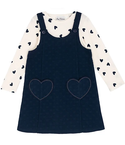 Rare Editions Little Girls Sleeveless Heart-Shaped-Pocket Double Knit Jumper & Long-Sleeve Heart-Printed Knit T-Shirt Set