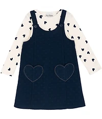 Rare Editions Little Girls Sleeveless Heart-Shaped-Pocket Double Knit Jumper & Long-Sleeve Heart-Printed Knit T-Shirt Set