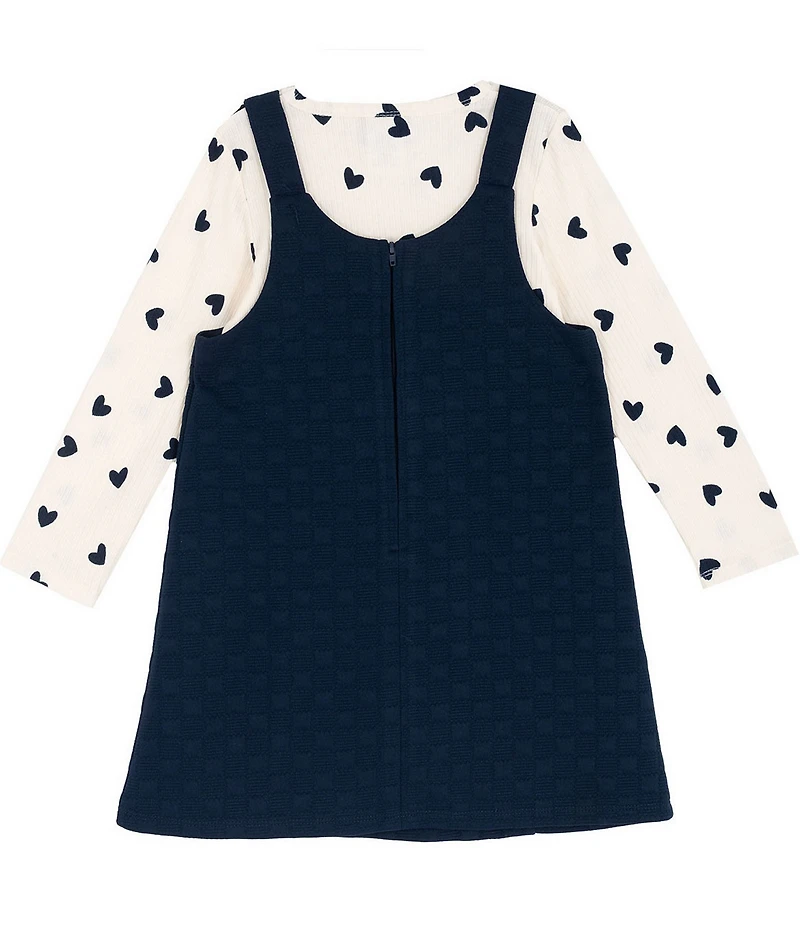 Rare Editions Little Girls Sleeveless Heart-Shaped-Pocket Double Knit Jumper & Long-Sleeve Heart-Printed Knit T-Shirt Set