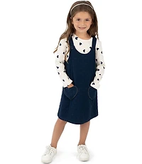 Rare Editions Little Girls Sleeveless Heart-Shaped-Pocket Double Knit Jumper & Long-Sleeve Heart-Printed Knit T-Shirt Set