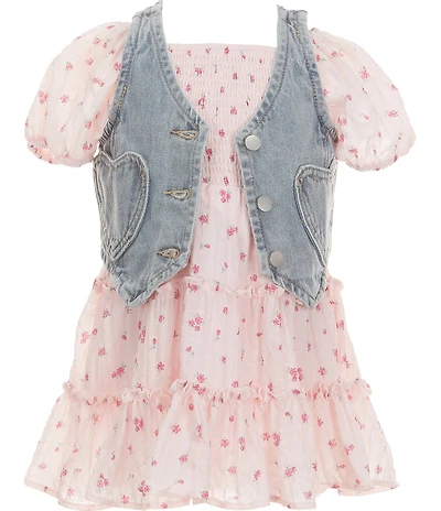 Rare Editions Little Girls Sleeveless Heart Shaped Pocketed Denim Vest & Puffed Sleeve Printed Chiffon Fit-And-Flare Dress