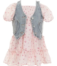 Rare Editions Little Girls Sleeveless Heart Shaped Pocketed Denim Vest & Puffed Sleeve Printed Chiffon Fit-And-Flare Dress