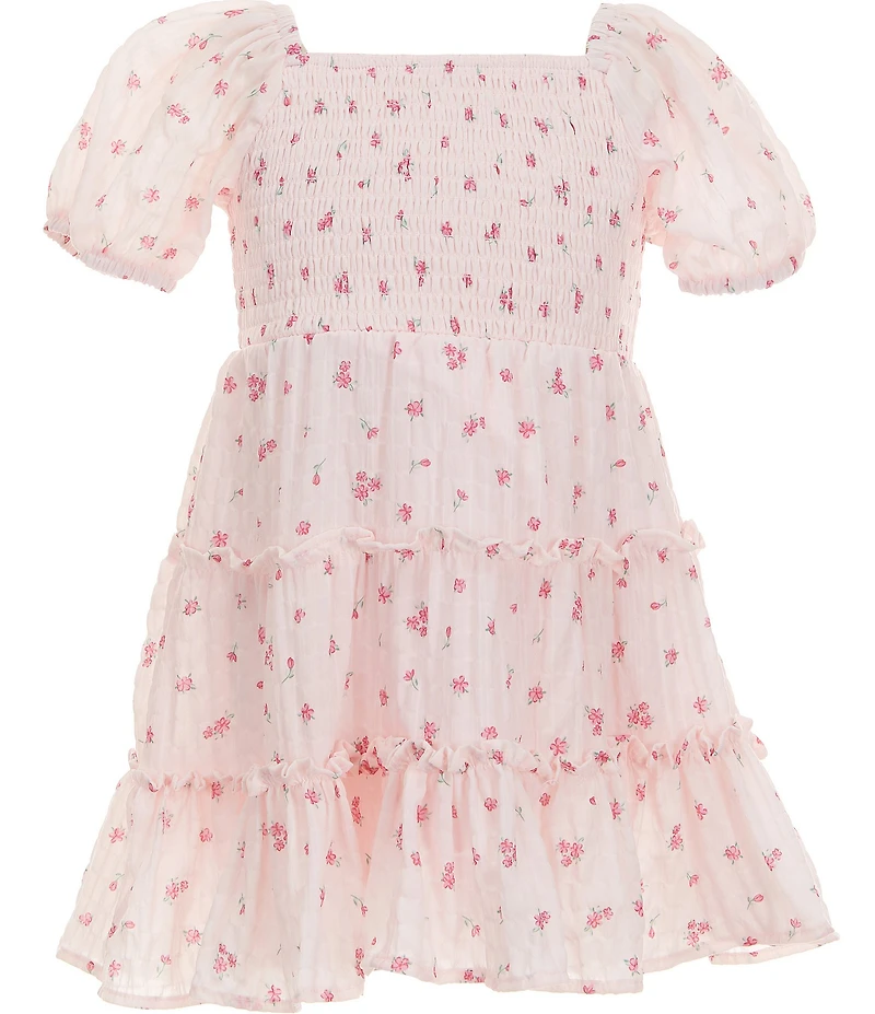 Rare Editions Little Girls Sleeveless Heart Shaped Pocketed Denim Vest & Puffed Sleeve Printed Chiffon Fit-And-Flare Dress