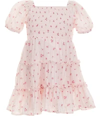 Rare Editions Little Girls Sleeveless Heart Shaped Pocketed Denim Vest & Puffed Sleeve Printed Chiffon Fit-And-Flare Dress