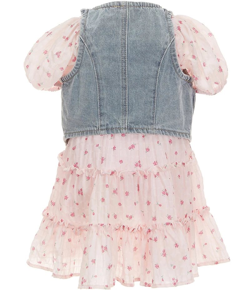 Rare Editions Little Girls Sleeveless Heart Shaped Pocketed Denim Vest & Puffed Sleeve Printed Chiffon Fit-And-Flare Dress