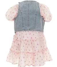 Rare Editions Little Girls Sleeveless Heart Shaped Pocketed Denim Vest & Puffed Sleeve Printed Chiffon Fit-And-Flare Dress