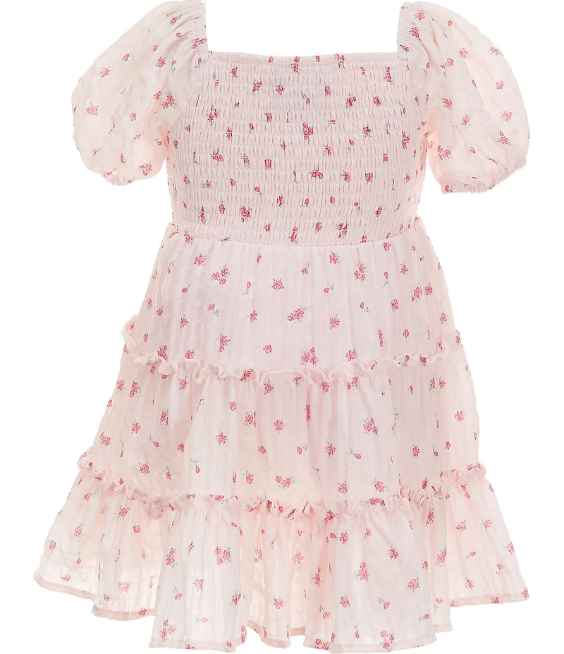 Rare Editions Little Girls Sleeveless Heart Shaped Pocketed Denim Vest & Puffed Sleeve Printed Chiffon Fit-And-Flare Dress