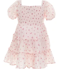 Rare Editions Little Girls Sleeveless Heart Shaped Pocketed Denim Vest & Puffed Sleeve Printed Chiffon Fit-And-Flare Dress