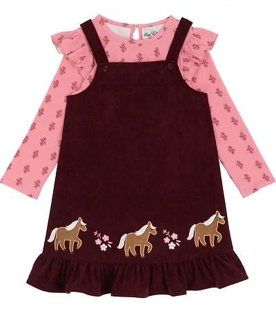 Rare Editions Little Girls Sleeveless Horse-Motif Corduroy Jumper Dress & Long-Sleeve Ruffle-Collar Printed Top