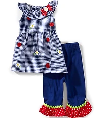 Rare Editions Little Girls Sleeveless Ladybug/Flower-Appliqued Checked Seersucker Tunic Top & Solid Leggings Set