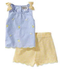 Rare Editions Little Girls Sleeveless Scallop Hem Lemon Embroidery Seersucker Top & Shorts Set