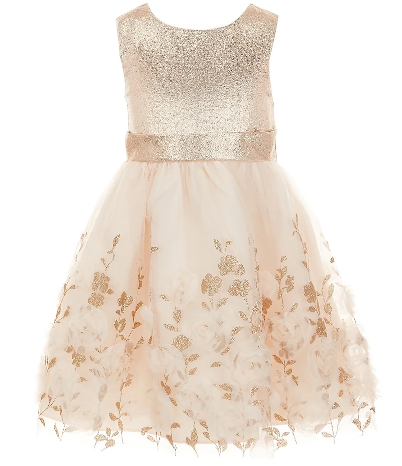 Rare Editions Little Girls Sleeveless Metallic Lame Bodice/Glitter-Accented Printed/Soutache-Embroidered Skirted Dress