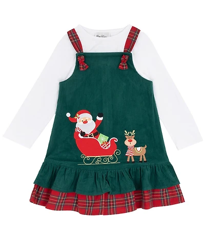 Rare Editions Little Girls Sleeveless Santa-Appliqued Corduroy Jumper Dress & Long-Sleeve Knit T-Shirt Set