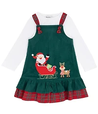 Rare Editions Little Girls Sleeveless Santa-Appliqued Corduroy Jumper Dress & Long-Sleeve Knit T-Shirt Set