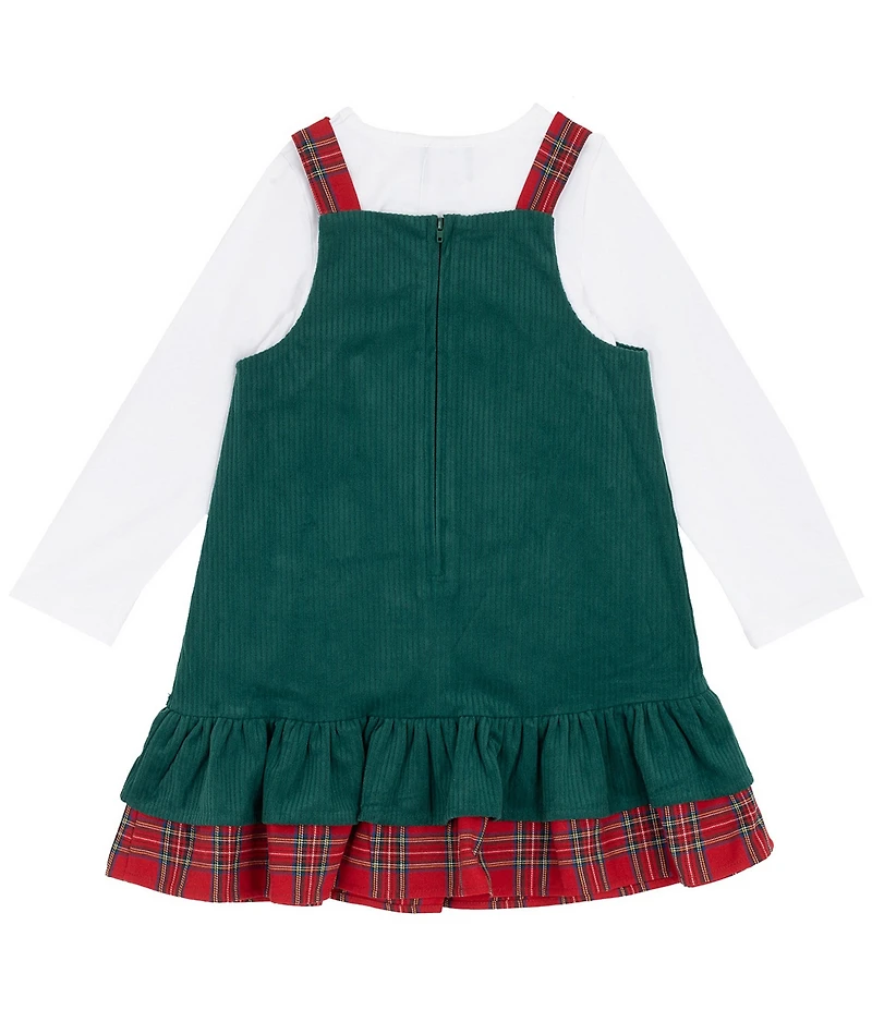 Rare Editions Little Girls Sleeveless Santa-Appliqued Corduroy Jumper Dress & Long-Sleeve Knit T-Shirt Set