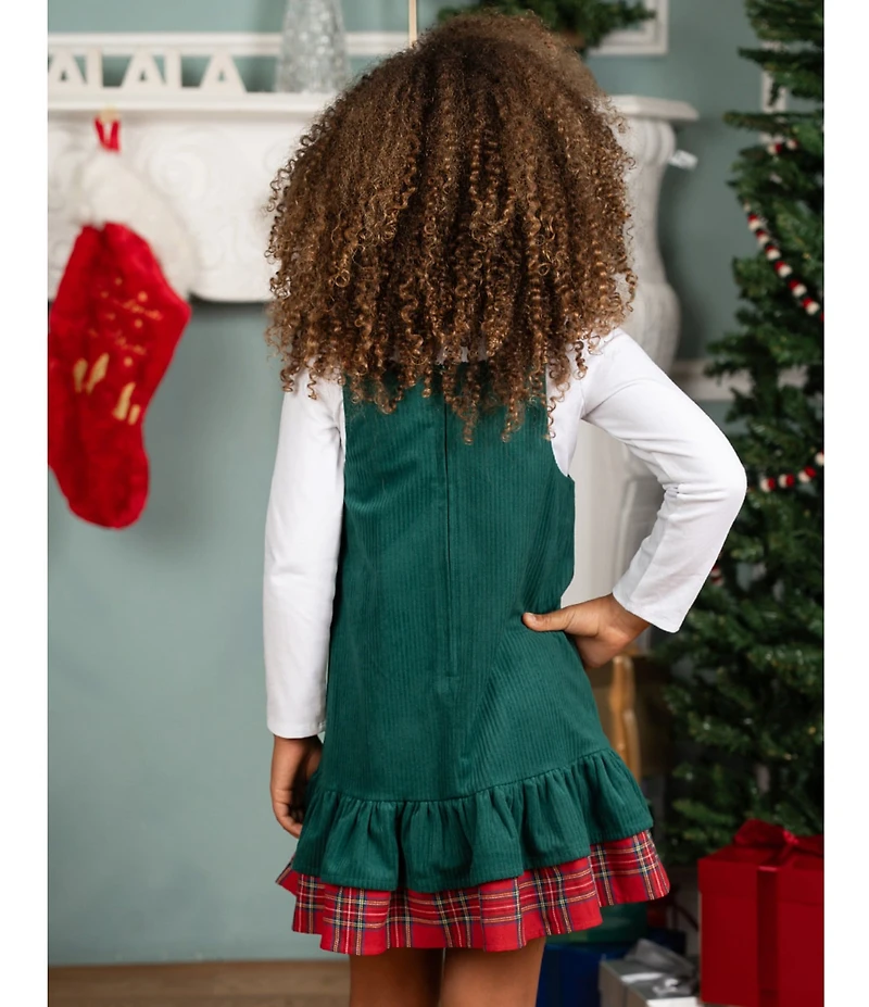 Rare Editions Little Girls Sleeveless Santa-Appliqued Corduroy Jumper Dress & Long-Sleeve Knit T-Shirt Set