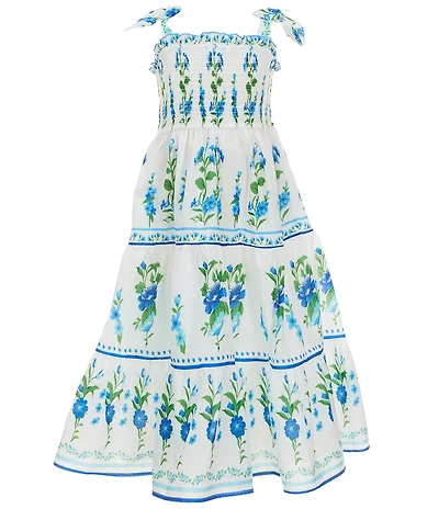 Rare Editions Little Girls Sleeveless Smocked Bodice Bow Detail Bluebonnet Floral Print Maxi Dress