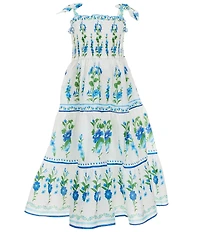 Rare Editions Little Girls Sleeveless Smocked Bodice Bow Detail Bluebonnet Floral Print Maxi Dress