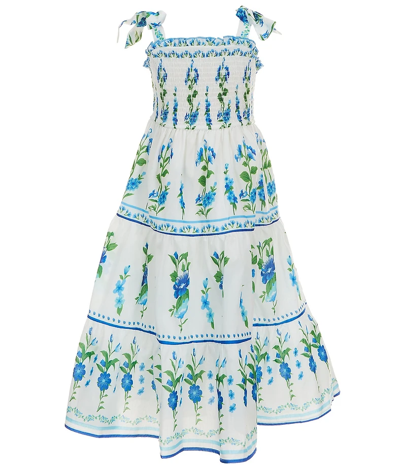Rare Editions Little Girls Sleeveless Smocked Bodice Bow Detail Bluebonnet Floral Print Maxi Dress