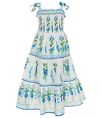 Rare Editions Little Girls Sleeveless Smocked Bodice Bow Detail Bluebonnet Floral Print Maxi Dress
