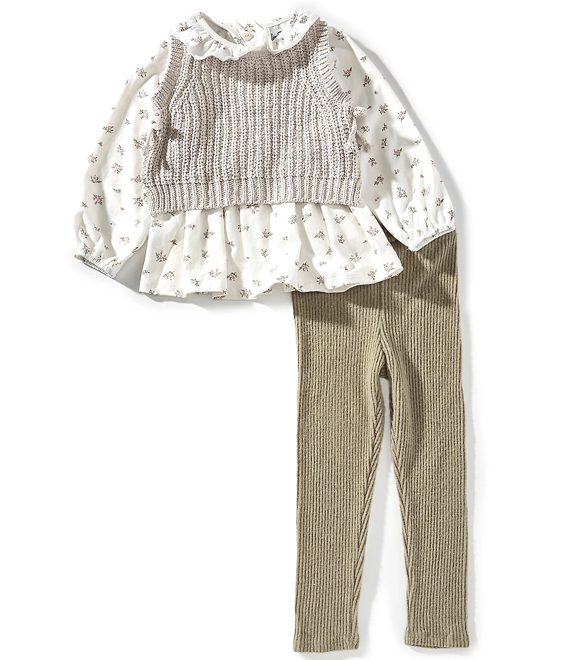 Rare Editions Little Girls Sleeveless Vest, Long-Sleeve Printed T-Shirt & Solid Leggings Set